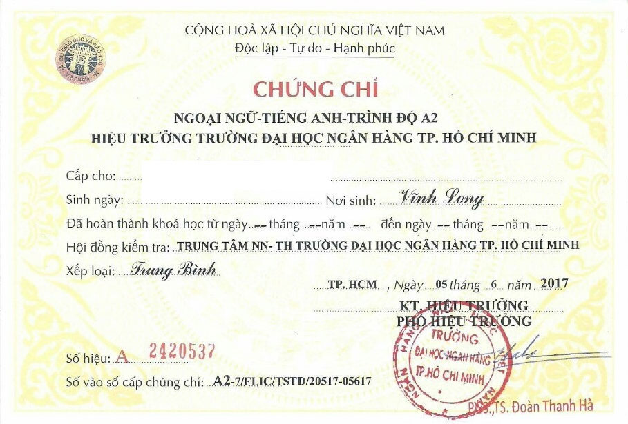 thời hạn chứng chỉ tiếng anh A2